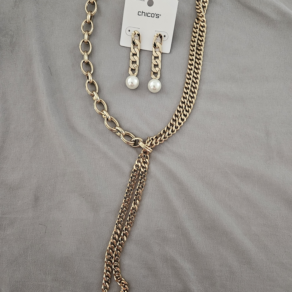Chico's Gold Chain Necklace with Pearl Accents